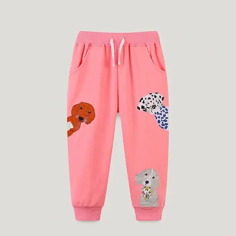 Pantaloni Sportivi in Cotone Rosa per Ragazze Ricamo a Cane Fantasia Animale Cartone Animato Pantaloni Casual per Bambini