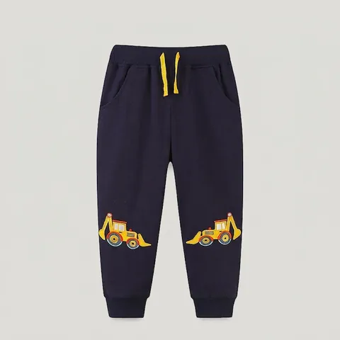 Boys Cotton Cartoon Excavator Embroidery Sweatpants Navy Blue Elastic Waist Joggers Comfortable Sporty Trousers For Kids