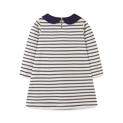 Vestito a Righe da Bambina a Maniche Lunghe con Colletto Peter Pan 100% Cotone Ricamato Tasca a Cuore Blu Marino Bianco
