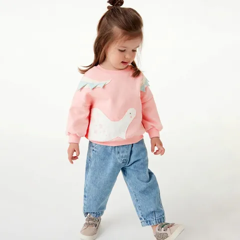 Felpa da Bambina in 100% Cotone Con Ricamo Dinosauro Cartone Animato Manica Lunga Pullover Girocollo Casual Autunno Top