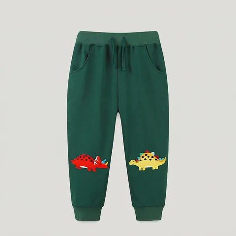 Boys Casual Cotton Sweatpants With Dinosaur Embroidery Comfortable Elastic Waist Jogger Pants For Kids 2-7Y
