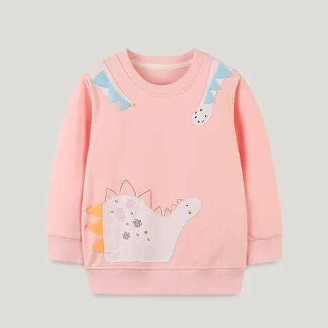 Felpa da Bambina in 100% Cotone Con Ricamo Dinosauro Cartone Animato Manica Lunga Pullover Girocollo Casual Autunno Top