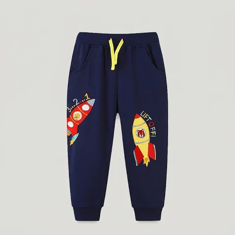 Boys Navy Blue Cotton Jogger Pants With Cartoon Rocket Embroidery Applique Contrast Yellow Drawstring Kids Sweatpants