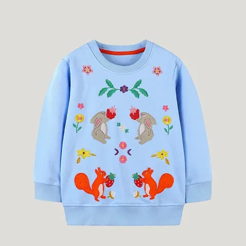 Sweat-shirt Décontracté Fille Bleu Clair Broderie Animaux Lapin Écureuil 100% Coton Manches Longues Pull-over Automne Top