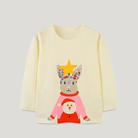 T-shirt a Maniche Lunghe da Bambina con Stampa Coniglio Cartone Animato di Natale 100% Cotone Crema Girocollo Top per Autunno Inverno
