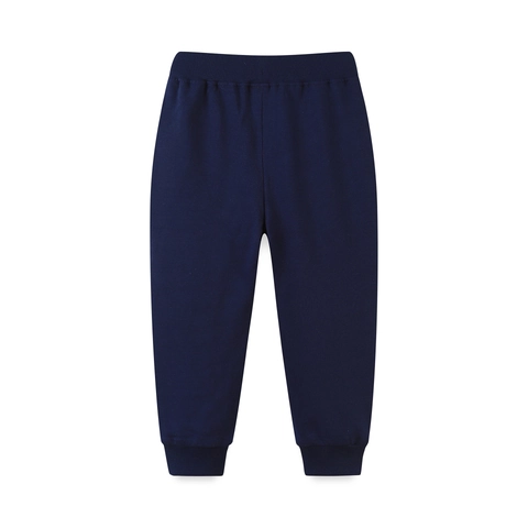 Boys Navy Blue Cotton Jogger Pants With Cartoon Rocket Embroidery Applique Contrast Yellow Drawstring Kids Sweatpants