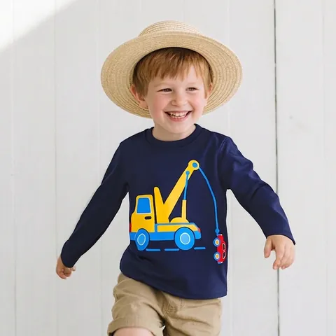 Jungen Casual Langarm T-Shirt 100% Baumwolle Rundhals Cartoon Bagger Druck Top Für Kleinkinder Kinder Herbst Alltag