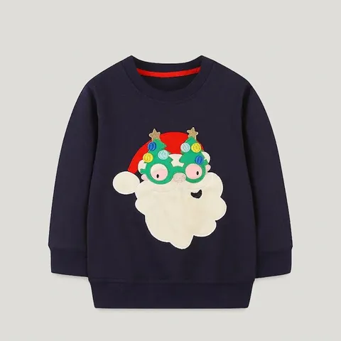 Felpa da Bambino Blu Marino Ricamata con Babbo Natale di Natale Pullover in Cotone a Maniche Lunghe con Girocollo Autunno Inverno