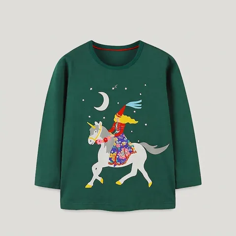 Maglietta a Maniche Lunghe in Cotone per Bambini Ragazza Unicorno dei Cartoni Animati Stampata Verde Scuro Autunno