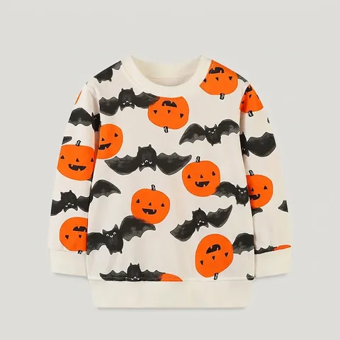 Sweatshirt en Coton Halloween pour Tout-petit Pull à Col Rond Imprimé Citrouille et Chauve-souris Manches Longues Haut Décontracté