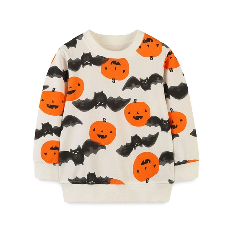 Sweatshirt en Coton Halloween pour Tout-petit Pull à Col Rond Imprimé Citrouille et Chauve-souris Manches Longues Haut Décontracté