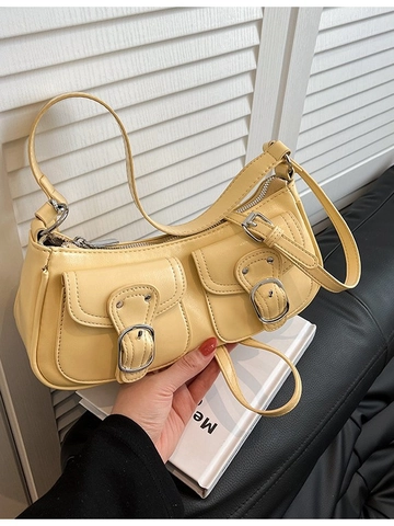 Vintage Y2K PU Leather Underarm Bag For Women Fashion Multi-Pocket Shoulder Bag With Silver Buckle Trendy Baguette Tote Bag
