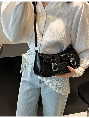 Vintage Y2K PU Leather Underarm Bag For Women Fashion Multi-Pocket Shoulder Bag With Silver Buckle Trendy Baguette Tote Bag