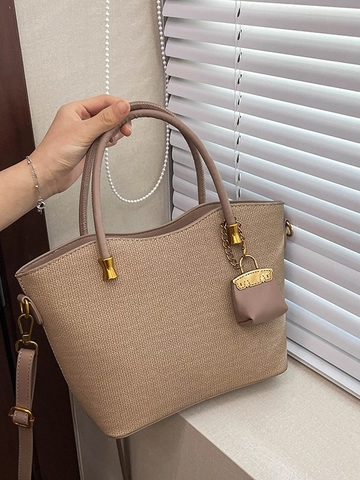 Vintage PU Grote Capaciteit Tote Bag Dames Geweven Textuur Gestikte Schoudertas Crossbody Mode Woon-werkverkeer Handtas