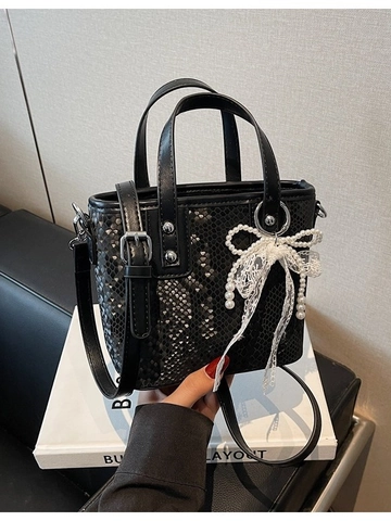 Sac Seau en Cuir PU Motif Serpent Chic pour Femmes Nœud en Dentelle et Perle Pendentif Sac Bandoulière Petit Sac