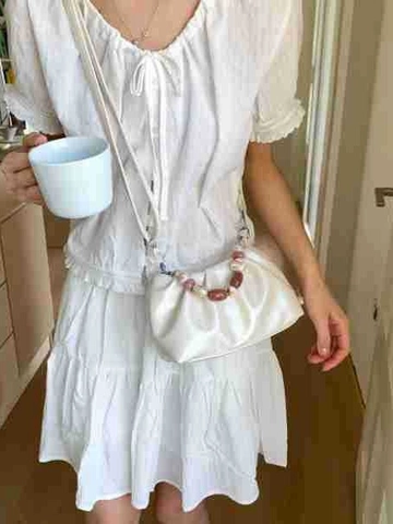 Borsa a Nuvola in Pelle PU Pieghettata da Donna Alla Moda Con Manico in Perline Rimovibile Borsa a Tracolla Versatile Borsa a Secchiello
