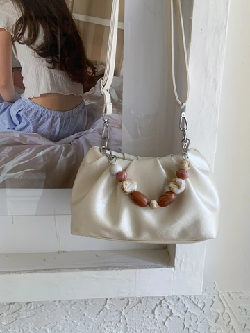 Borsa a Nuvola in Pelle PU Pieghettata da Donna Alla Moda Con Manico in Perline Rimovibile Borsa a Tracolla Versatile Borsa a Secchiello