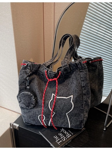 Grand Sac Fourre-tout en Denim pour Femmes Sac à Bandoulière Décontracté Avec Mini Pochette Broderie Chat Cordon de Serrage