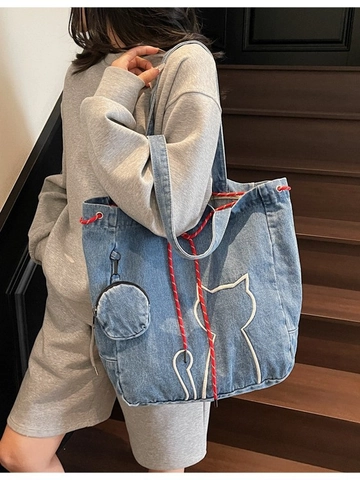 Grand Sac Fourre-tout en Denim pour Femmes Sac à Bandoulière Décontracté Avec Mini Pochette Broderie Chat Cordon de Serrage