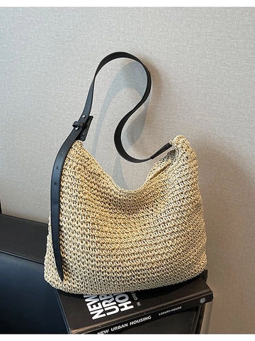 Vintage Women Straw Woven Crossbody Bag Large Capacity Handmade Beach Vacation Tote Shoulder Bag Mori Style Solid Color Bag