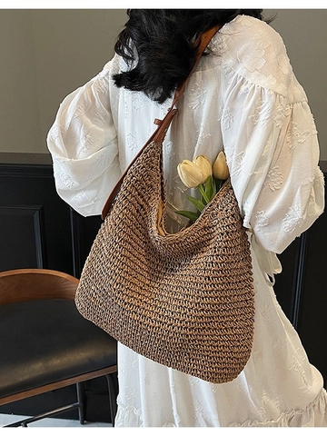 Vintage Women Straw Woven Crossbody Bag Large Capacity Handmade Beach Vacation Tote Shoulder Bag Mori Style Solid Color Bag