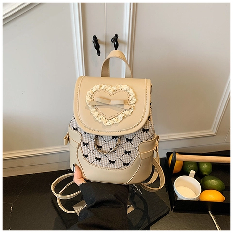 Vrouwen Zoet Kant Hart Mini Rugzak Gingham Geruit PU Leer Schooltas Met Strik Metalen Ketting Collegestijl Reistas