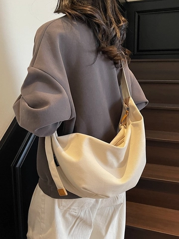 Large Capacity Canvas Hobo Crossbody Bag For Women Casual Solid Color Adjustable Wide Strap Dumpling Shoulder Bag Travel Tote