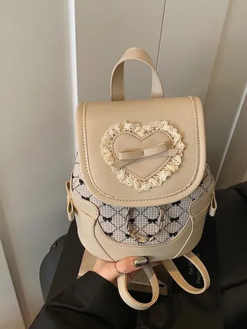 Mini Sac à Dos Doux avec Dentelle en Cœur et Nœud Femmes Cuir PU Motif à Carreaux Sac d'École avec Chaîne en Métal Mode