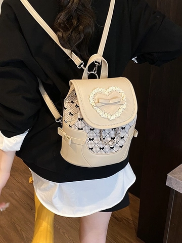 Mini Sac à Dos Doux avec Dentelle en Cœur et Nœud Femmes Cuir PU Motif à Carreaux Sac d'École avec Chaîne en Métal Mode