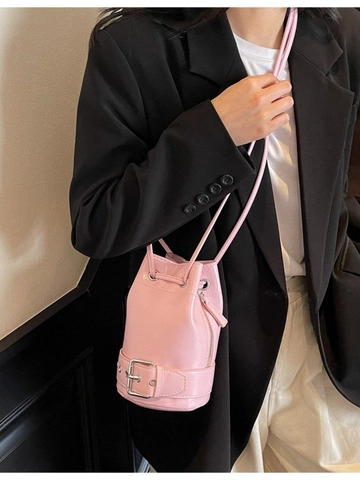 Bolso Tipo Cubo de Cuero PU de Moda Con Cordón Para Mujer Bolso Cruzado Minimalista Con Decoración de Hebilla de Cinturón