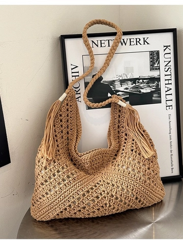 Sac Fourre-tout Vintage en Paille Tissée pour Femme Sac à Épaule Ajouré Bohème Grande Capacité Sac à Main de Plage d'Été Avec Gland