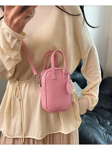 Women Mini PU Leather Phone Crossbody Bag With Smiley Face Charm Lychee Texture Small Square Handbag Adjustable Strap Purse