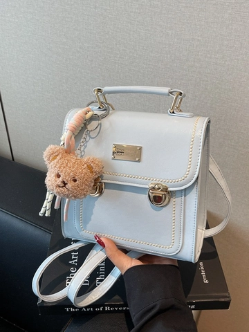Damen Kleiner Mode Rucksack PU Leder Ziernähte Perlenbesatz Mini Schulranzen Mit Bärenanhänger Lässig Reisen Schultasche