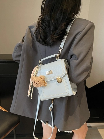 Damen Kleiner Mode Rucksack PU Leder Ziernähte Perlenbesatz Mini Schulranzen Mit Bärenanhänger Lässig Reisen Schultasche