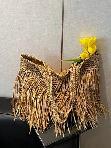 Large Capacity Tassel Straw Tote Bag For Women Woven Fringe Shoulder Bag Bohemian Style Beach Vacation Travel Summer Handbag Casual Fashion Accessory