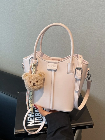 Sac Seau Tendance pour Femmes en Cuir PU Simple Sac à Bandoulière à Main Avec Sangle Amovible et Décoration d'Ours en Peluche