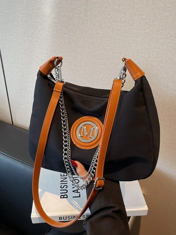 Sac Bandoulière en Nylon de Grande Capacité pour Femmes Décontracté Couleur Contrastée Sac Hobo Avec Chaîne en Métal Logo M