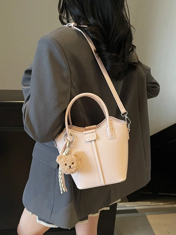 Sac Seau Tendance pour Femmes en Cuir PU Simple Sac à Bandoulière à Main Avec Sangle Amovible et Décoration d'Ours en Peluche