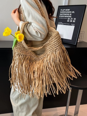 Large Capacity Tassel Straw Tote Bag For Women Woven Fringe Shoulder Bag Bohemian Style Beach Vacation Travel Summer Handbag Casual Fashion Accessory