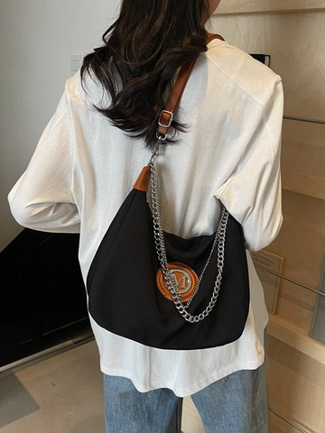 Sac Bandoulière en Nylon de Grande Capacité pour Femmes Décontracté Couleur Contrastée Sac Hobo Avec Chaîne en Métal Logo M