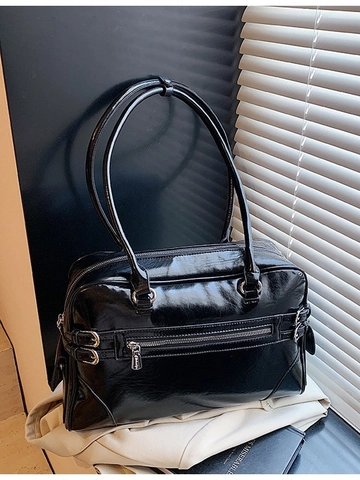Borsa a Tracolla in Pelle PU da Donna Vintage Boston Handbag Grande Capacità Retro Pendolare Tote Bag Con Decorazione a Cerniera in Metallo