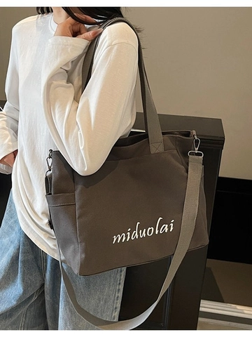 Sac Fourre-Tout En Toile De Grande Capacité Pour Femmes Sac À Bandoulière Décontracté Minimaliste Avec Sangle Réglable Sac D'École De Trajet Impression De Lettres