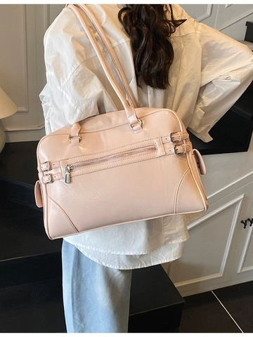 Borsa a Tracolla in Pelle PU da Donna Vintage Boston Handbag Grande Capacità Retro Pendolare Tote Bag Con Decorazione a Cerniera in Metallo