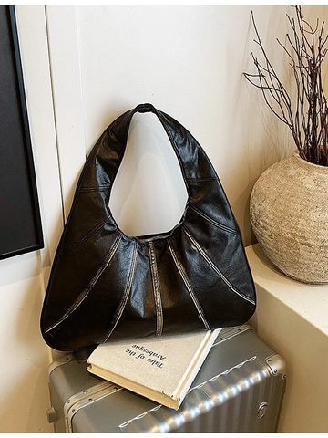 Grand Sac Hobo en Cuir PU Vintage pour Femmes Sac à Épaule avec Surpiqûres Épissées Urbain Décontracté sous le Bras