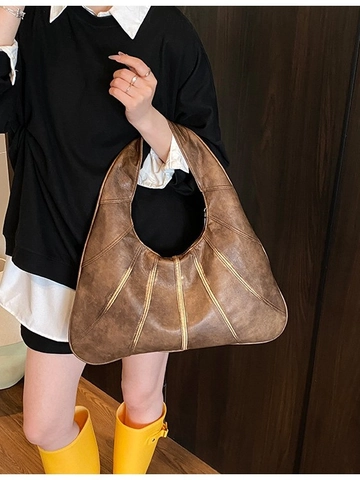 Grand Sac Hobo en Cuir PU Vintage pour Femmes Sac à Épaule avec Surpiqûres Épissées Urbain Décontracté sous le Bras