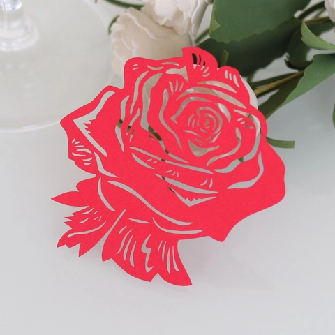 Elegant Laser Cut Pearlescent Paper Rose Wine Glass Place Cards For Wedding Party Valentine Red Hollow Out Decoration