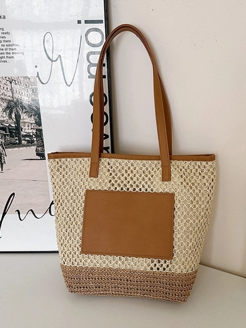 Grote Stro Geweven Tote Bag Voor Vrouwen Zomer Strand Vakantie Schoudertas Contrast Kleur PU Lederen Band Casual Boodschappentas
