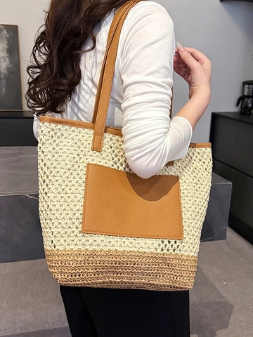 Grote Stro Geweven Tote Bag Voor Vrouwen Zomer Strand Vakantie Schoudertas Contrast Kleur PU Lederen Band Casual Boodschappentas