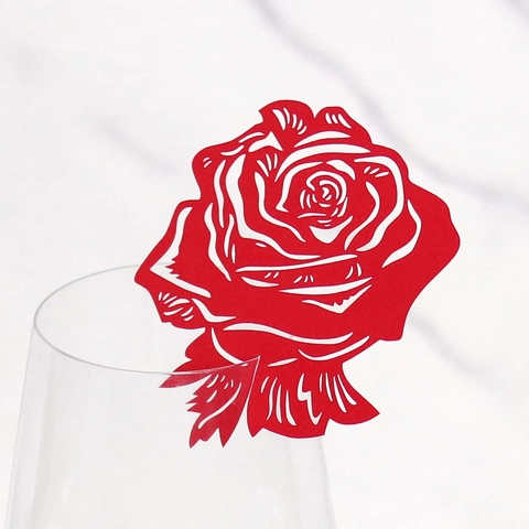 Elegant Laser Cut Pearlescent Paper Rose Wine Glass Place Cards For Wedding Party Valentine Red Hollow Out Decoration