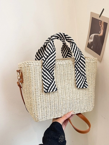 Sac Fourre-Tout en Paille Tissée pour Femmes Été Grande Capacité Sac de Plage Avec Poignée Enveloppée de Foulard et Bandoulière Amovible